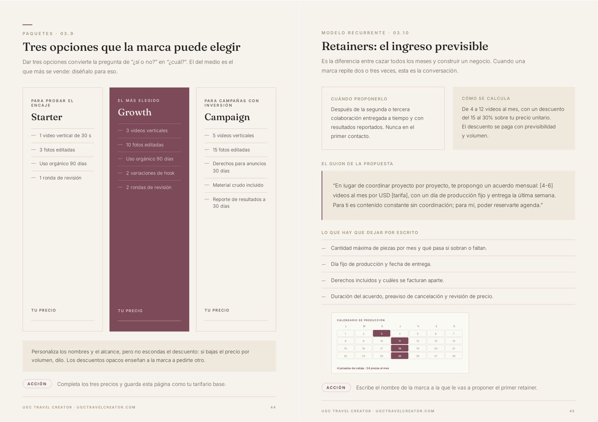 Doble página interior — paquetes y tarifas